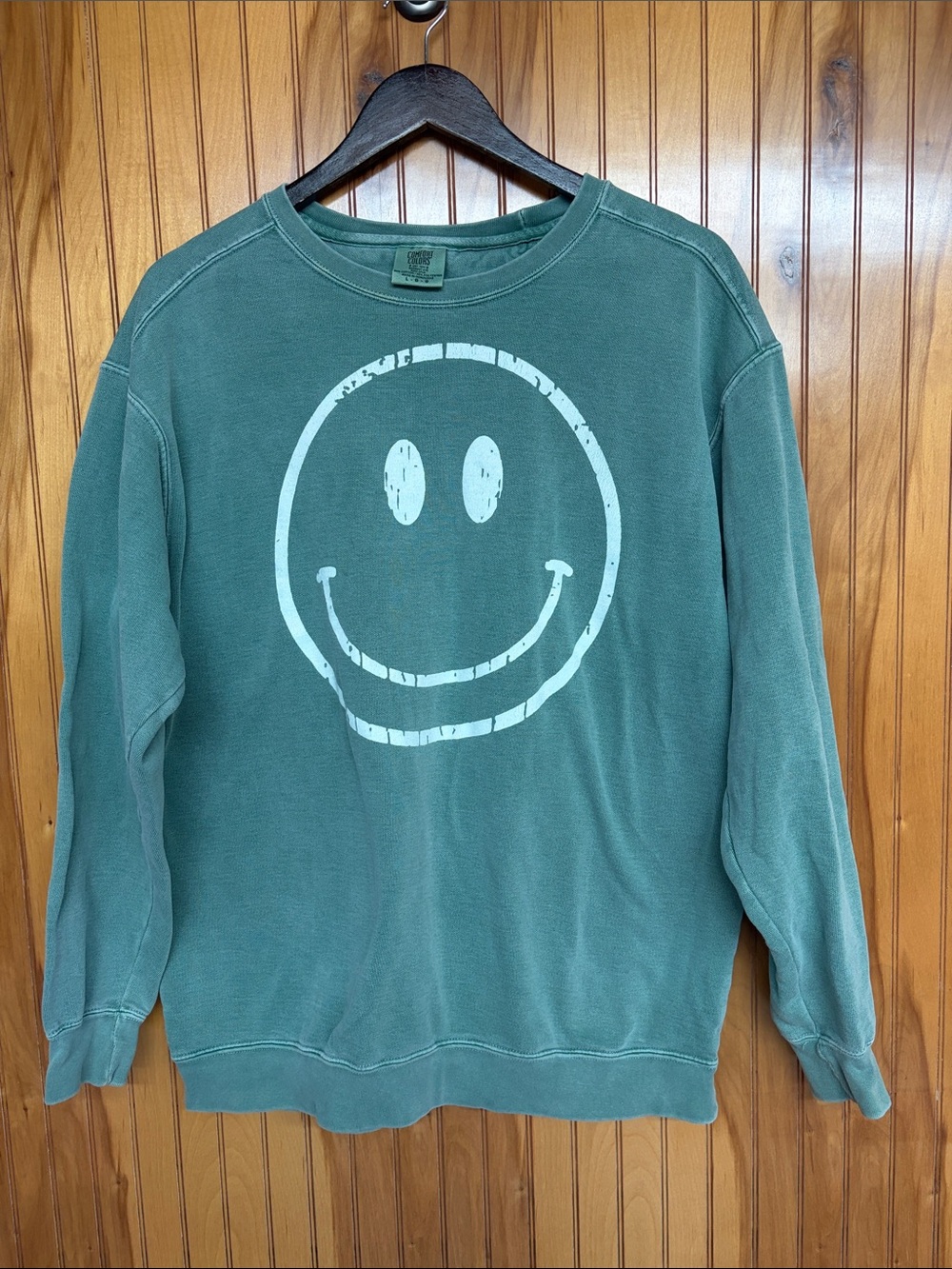 Comfort Colors VSCO Sage Green Distressed Smiley Face Crewneck. Unisex Large